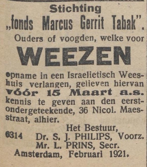 Advertentie voor of van het Marcus Gerrit Tabakfonds, bron: het NIW van 25 februari 1921  
