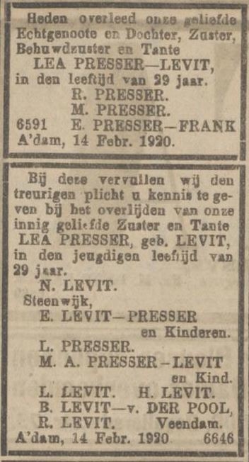 Overlijdensbericht van Lea Levit, de eerste vrouw van Rapheel Presser, bron: het NIW van 20 februari 1920.  
