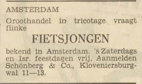 Advertentie van de firma Schönberg op de Kloveniersburgwal, bron: Het Volk van 26 juli 1935  