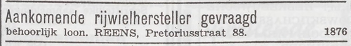 Advertentie van Rijwielhersteller Reens, Pretoriusstraat 88, bron: Het joodsche weekblad: uitgave van den Joodschen Raad voor Amsterdam van 30 januari 942  