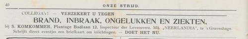 Advertentie voor Komkommer, Plantage Badlaan 12, bron: Onze strijd; orgaan van den Algemeenen Nederlandschen Bond van Handels- en Kantoorbedienden, jrg 5, 03-03-1910  
