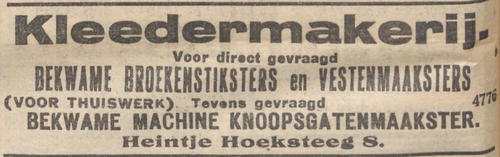 Advertentie voor een firma in de Heintje Hoeksteeg 8, bron: het NIW van 9 december 1921.  