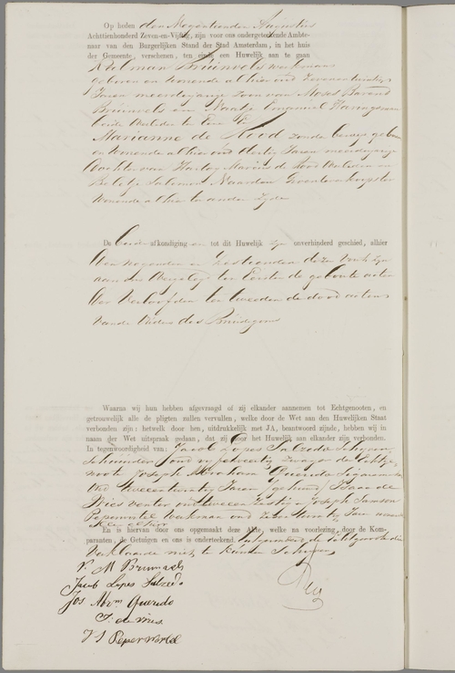 Huwelijksakte van Kalman Bruinvels en Marianne de Rood op 19 augustus 1857. Bron: WieWasWie  
