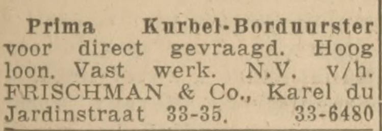 Advertentie voor Frischman & C0, bron: De courant Het nieuws van den dag van 10-09-1935  