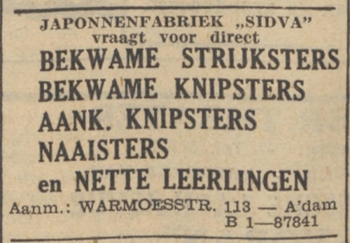 Advertentie voor de NV. v.h. S.I. de Vries (=SIDVA), bron: De Tĳd : godsdienstig-staatkundig dagblad van 02-02-1938  