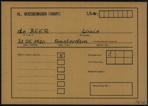 Registratiekaart Kamp Vught (Louis de Beer), bron: Arolsen Archives  