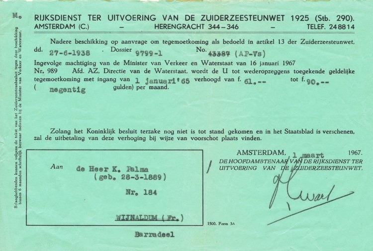 Over de uitbetaling van de Zuiderzeesteun (wijzigingen 1938), bron: Wikipedia.  
