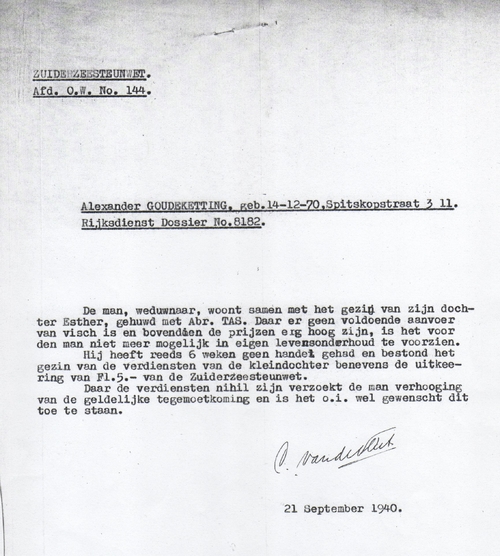 Aanvraag inzake de Zuiderzeesteunwet (sept. 1940). Bron: het dossier van Alexander Goudeketting, Het Bureau M.S. (via het SAA).  
