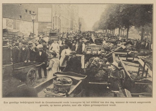 Afbeelding van de Groentemarkt in Amsterdam, bron: De Joodsche prins; geïllustreerd weekblad, 1913, 10-07-1913  