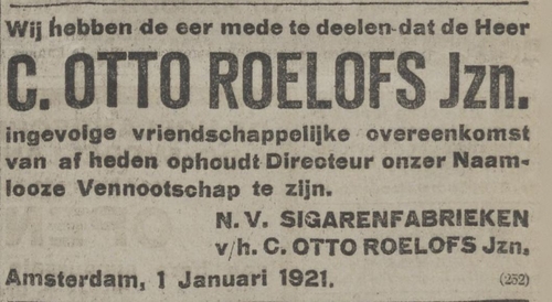Advertentie over de Sigarenfirma C. Otto Roelofs Jzn., bron: Algemeen Handelsblad van 03-01-1921  