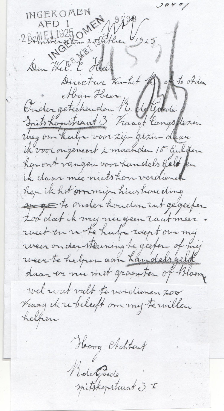 Brief van Raphael de Goede, 1925. Uit het dossier van Raphael de Goede. Bron: SAA steundossiers  