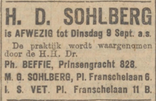 Advertentie over de praktijk van dokter Sohlberg, bron: het Algemeen Handelsblad van 18-08-1924  