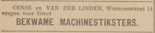 Advertentie voor Cense en V/d Linden, Warmoesstraat 14. Bron: De Courant van 21-08-1922  