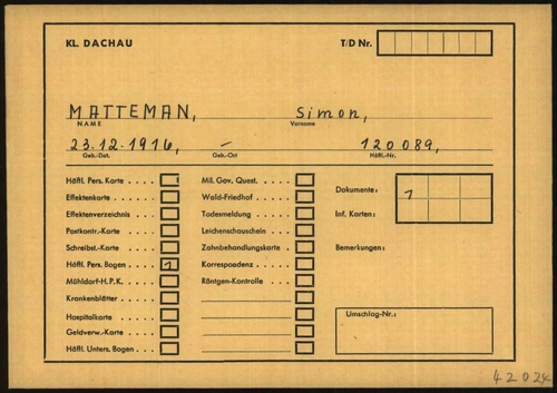 Kaart van Simon Matteman (kleinzoon) , mbt Dachau (1). Bron: Arolsen Archives.  