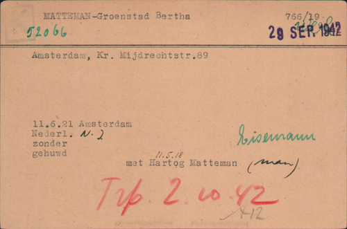 Kaart Joodse Raad Bertha Matteman-Groenstad. Bron: Arolsen Archives.  