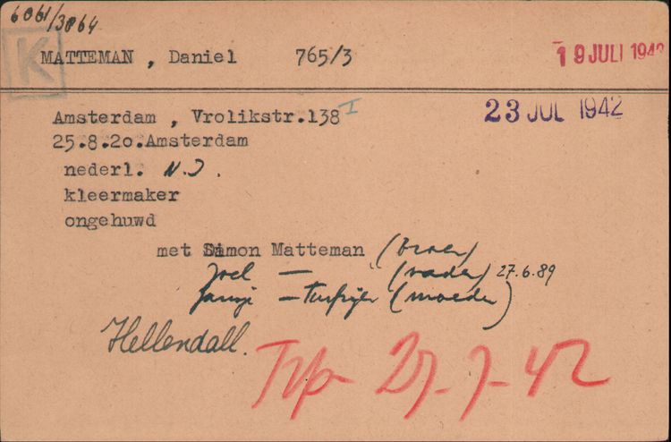 Kaart Joodse Raad Daniël Matteman (zoon van Joël). Bron: Arolsen Archives.  
