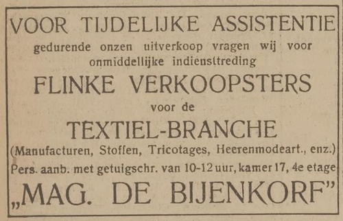Adv. uit De Courant van 21-06-1922, personeel gezocht voor De Bijenkorf  