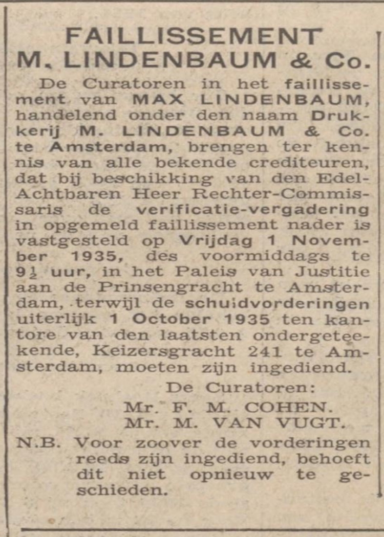Liquidatie van drukkerij Lindenbaum. Bron: het Algemeen Handelsblad van 17-09-1935  