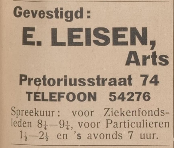 Adv. voor Dr. Leisen in de Pretoriusstraat, bron: Centraal blad voor Israëlieten in Nederland van 15-05-1931  