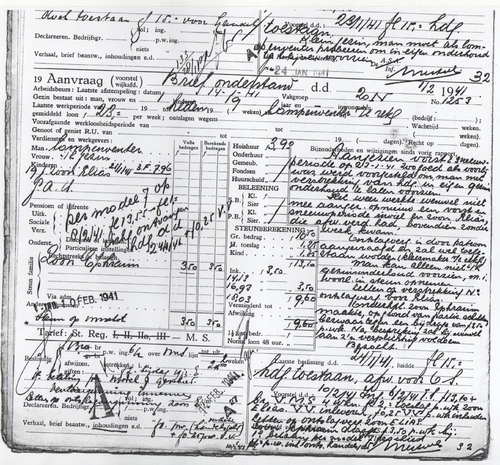 Uit het dossier van Mozes Sarlui, feb. 1941. Hoe overzichtelijk kan je het houden. Kan hij nu wel of niet zelfstandig, maar wel met Handelsgeld, zijn inkomen verdienen? Bron: Dossier Maatschappelijke Steun, SAA.  