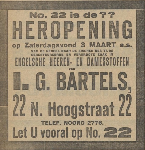 Advertentie voor Bartels in de Hoogstraat 22, bron: Het Nieuw Israelietisch weekblad van 02-03-1923  