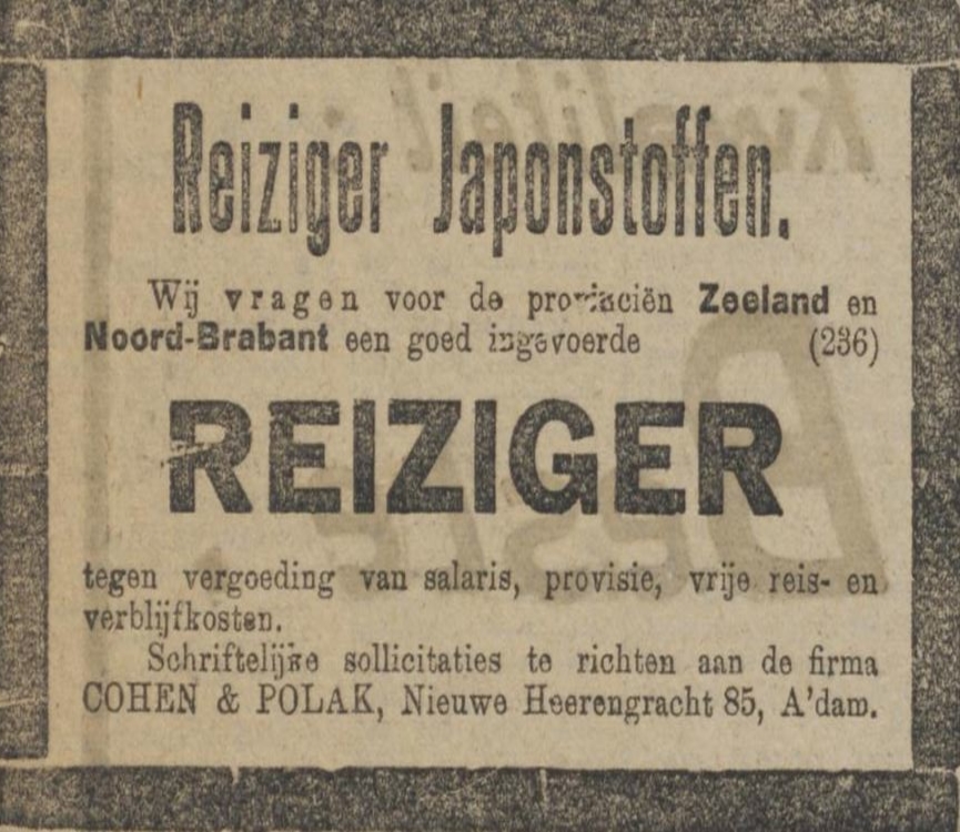 Adv uit het Alg. Handelsblad van 03-01-1920, gezocht een reiziger  