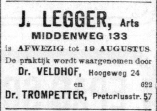 Dr. Legger wordt vervangen door Dr. Veldhof. Bron: De Telegraaf van 27-07-1923  