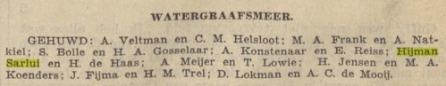 Huwelijkaankondiging van Hijman Sarlui en Henriëtte de Haas, bron: het Algemeen Handelsblad van 17-08-1939  