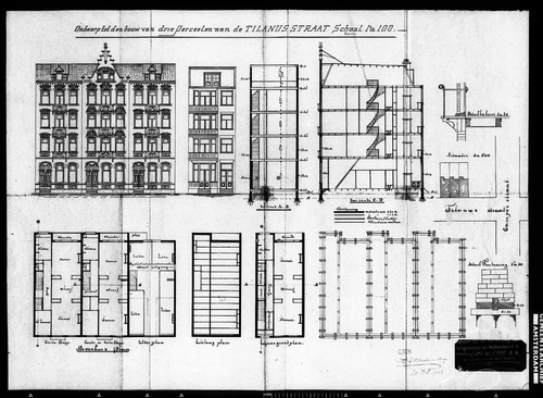 Tilanusstraat 49-53, bouwtekening uit 1902. Bouwen van drie percelen. voorgevels, doorsnede, situatie, bovenhuisplan, balklaagplan, begane grondplan en fundering. Bron: Archief van de Dienst Bouw- en Woningtoezicht: bouwtekeningen (SAA).   