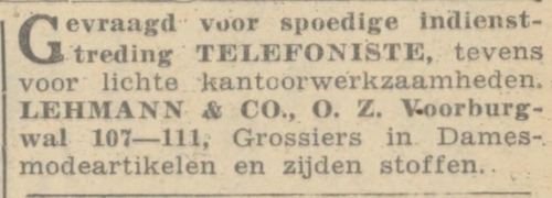 Adv. voor Lehman & Co aan de Oude Zijds Voorburgwal, bron: het Algemeen Handelsblad van 12-03-1940  