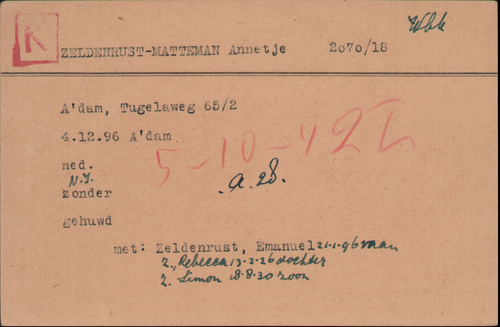Kaart Joodse Raad van Annetje Zeldenrust-Matteman, bron: Arolsen Archives.  