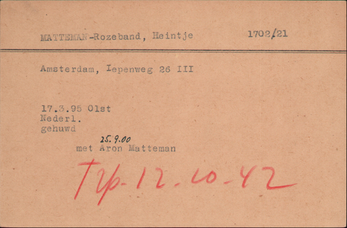 Kaart Joodse Raad van Heintje Matteman-Rozeband, bron: Arolsen Archives.  
