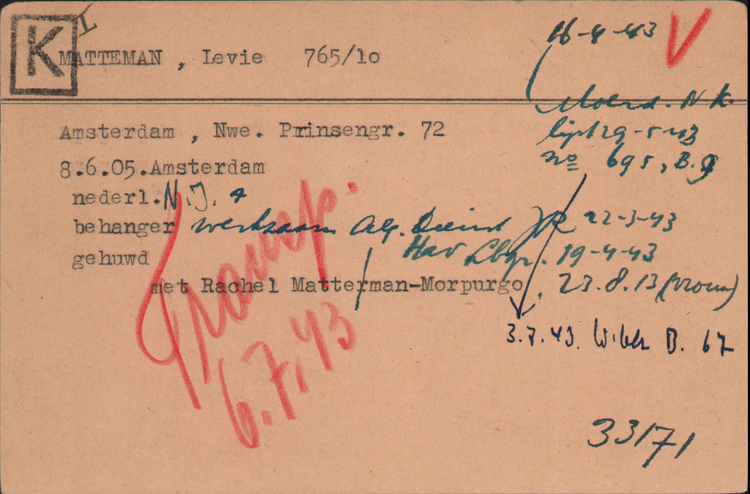 Kaart Joodse Raad van Levie Matteman, bron: Arolsen Archives.  