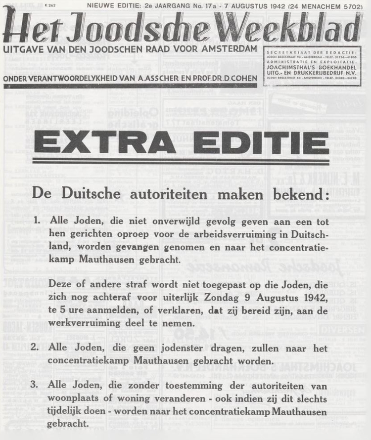 Waarschuwing aan de Joodse bevolking van Amsterdam. Het joodsche weekblad : uitgave van den Joodschen Raad voor Amsterdam van 31-07-1942  