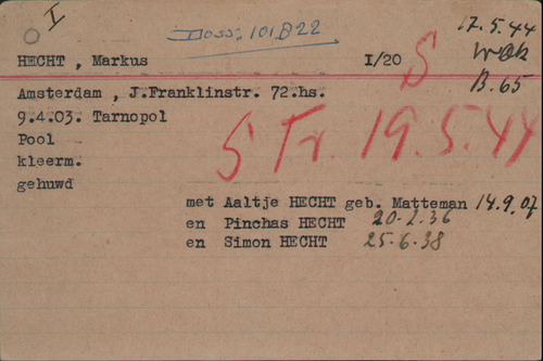 Kaart Joodse Raad van Markus Hecht, bron: Arolsen Archives.  