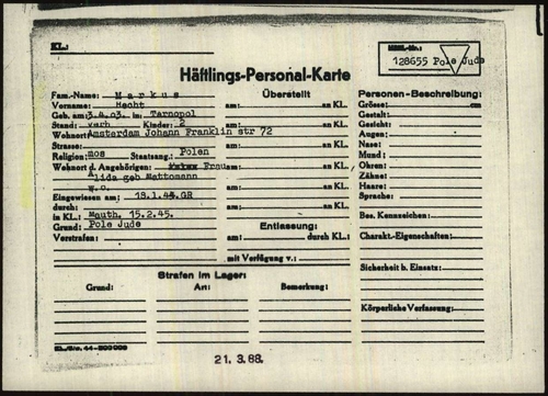 Häftlings Personal Karte Markus Hecht, bron: Arolsen Archives.  