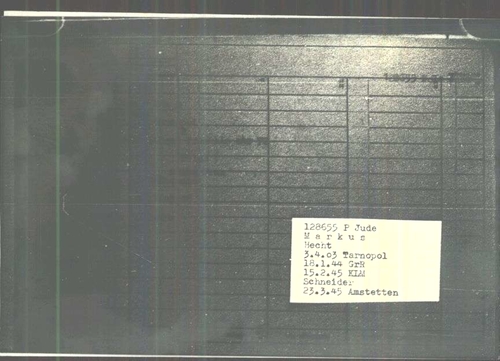 Häftlings Personal Karte Markus Hecht (fragment?), bron: Arolsen Archives.  