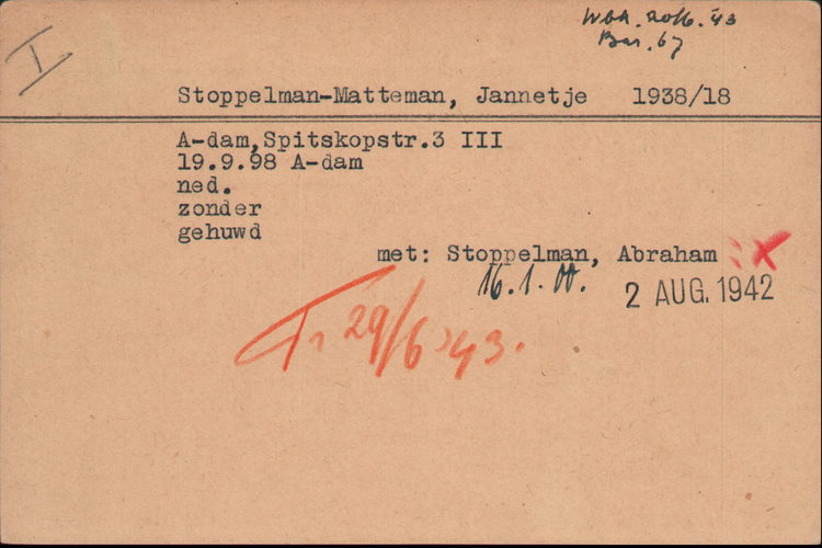 Kaart van de Joodse Raad van Jannetje Stoppelman-Matteman, bron: Arolsen Archives  