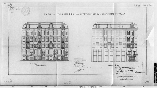 Bouwtekening van de Swammerdamstraat 23-29, in 1881. Archief van de Dienst Bouw- en Woningtoezicht: bouwtekeningen, SAA  