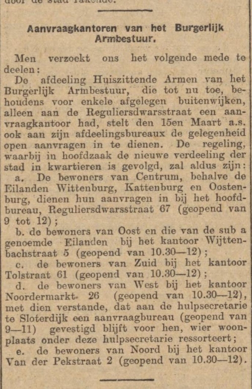 Aanvraagkantoren van het Burgerlijk Armbestuur, waaronder Wijttenbachstraat 5. Bron: het Algemeen Handelsblad van 12-03-1926  