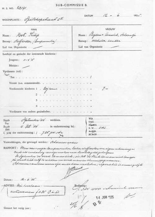 Formulier van het Crisis-Comité Amsterdam 1934-‘35, Sub-Commissie B bron: dossier Gem. Bureau voor Maatschappelijke Steun, SAA  