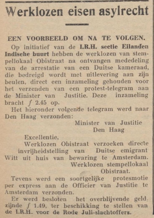 Werklozen eisen asylrecht, “EEN VOORBEELD OM NA TE VOLGEN”. Bron: De tribune : soc. dem. Weekblad van 09-10-1934  