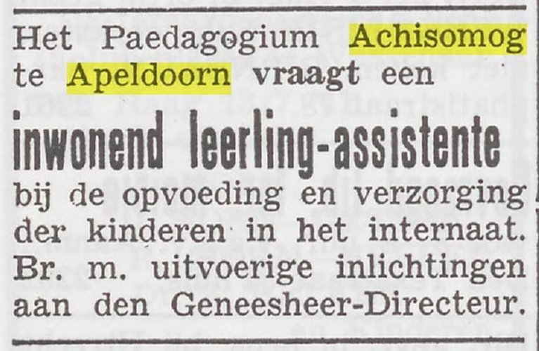 Advertentie voor Het Paedagogium Achisomog, bron: Het joodsche weekblad : uitgave van den Joodschen Raad voor Amsterdam Datum van 18-07-1941  