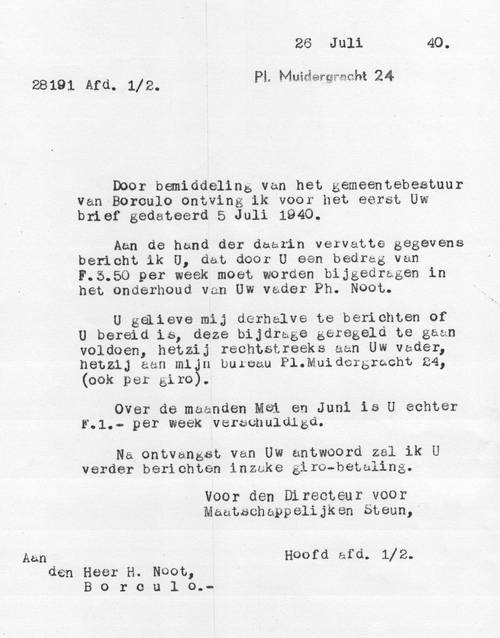 Reactie op de brief van Hartog Noot (van 5 juli 1940), bron: dossier Gem. Bureau voor Maatschappelijke Steun, SAA.  