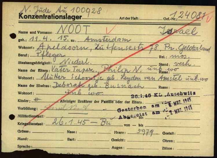 Kaart Buchenwald (?) van Israël Noot (let ook op de stempel Auschwitz), bron: Arolsen Archief  
