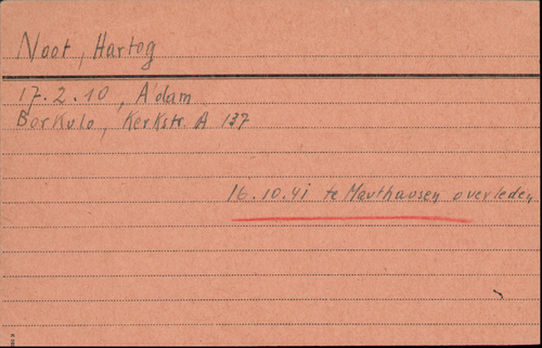 Kaart van Hartog Noot met de mededeling: overleden in Mauthausen op 16-10-1941, bron: Arolsen Archives  