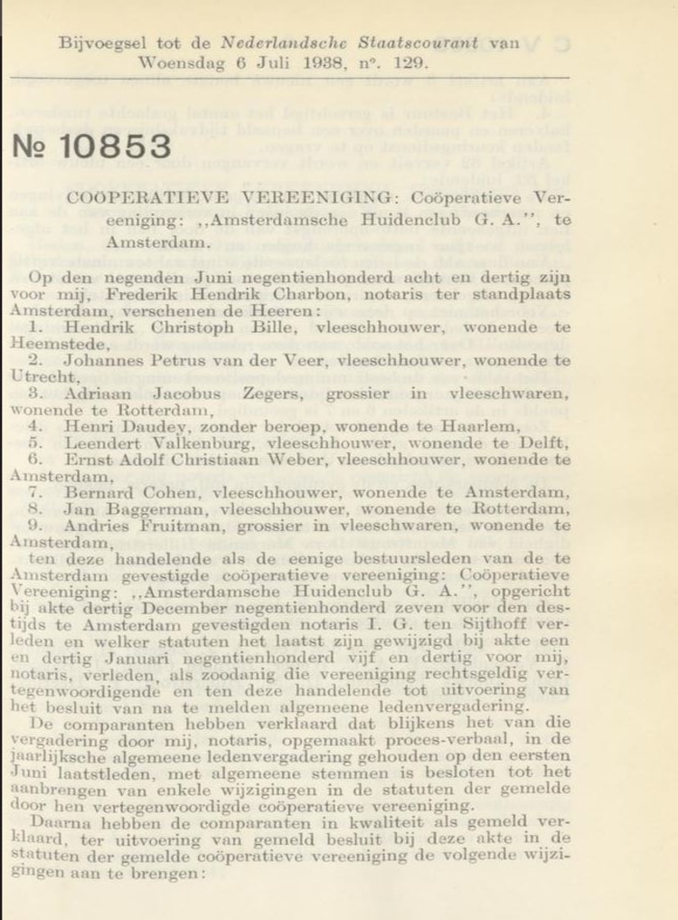 Over de Coöperatieve Vereeniging: „Amsterdamsche Huidenclub G. A. bron: Akten betreffende Coöperatieve Vereenigingen, datum: 06-07-1938  
