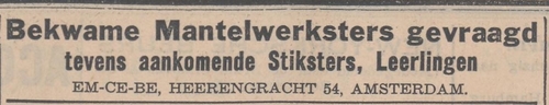 Advertentie voor Em-Ce-Be, gezocht mantelstiksters, bron: De standaard van 19-02-1936  