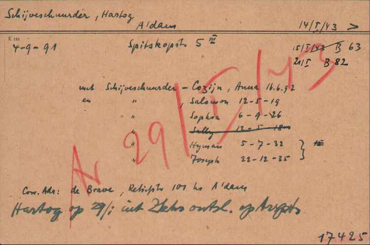 Joodse Raadkaart van vader Hartog Schijveschuurder, bron: Arolsen Archives   