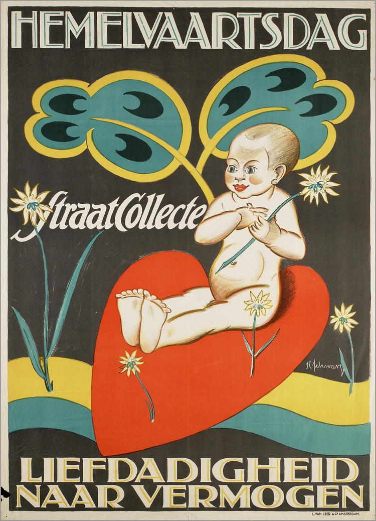 Affiche voor Liefdadigheid naar Vermogen (Hemelvaartsdag straatcollecte),  ontwerper/artdirector: Schwarz, Samuel Levi (verv. Jaar 1925-1950), via Reclame Arsenaal.  